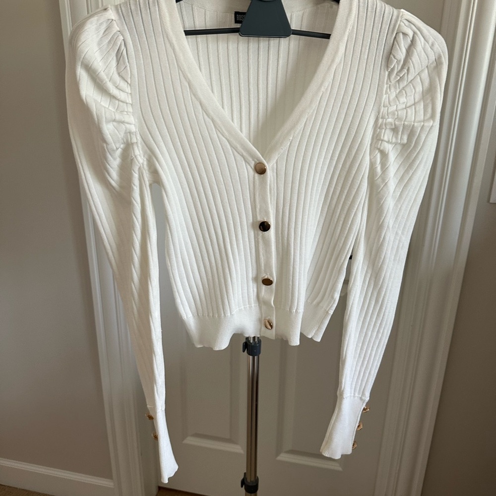 White Ribbed Cardigan with Button Details